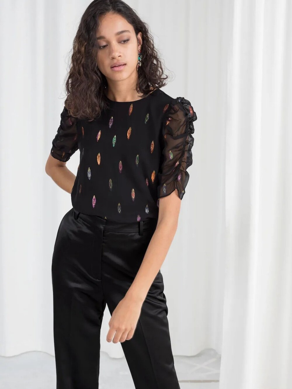 & Other Stories Paris Atelier Black Puff Ruched Sleeve Top Foil Jacquard Size 2